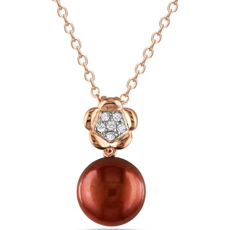 9-9.5mm Dyed Brown Round Cultured Freshwater Pearl and Diamond-Accent Rose Rhodium-Plated Sterling Silver Floral Drop Pendant, 18