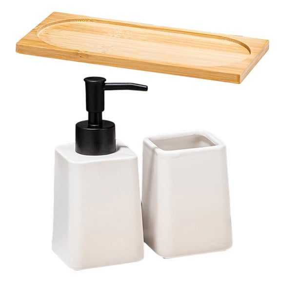 Set of 3 Ceramic Soap Dispenser Set Including Storage Tray and Toothbrush Cup for Bathroom Countertop Decoration