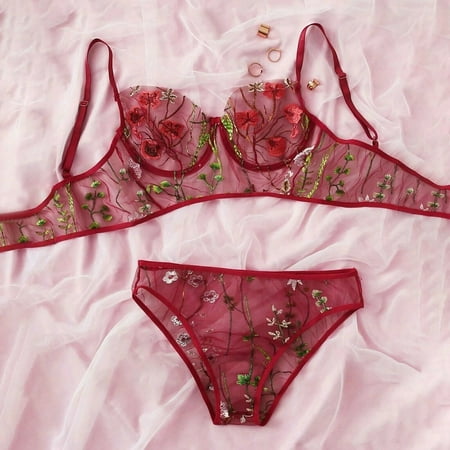 Sentaili Women Sexy Lace Floral Embroidery Bra Sets Push Up Bra Lingerie Set Sleepwear