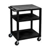 Luxor 18" x 24" x 34" Tuffy Three Shelf Flat Utility Cart With Staggered Shelf Height And Electrical - Black With Black Legs