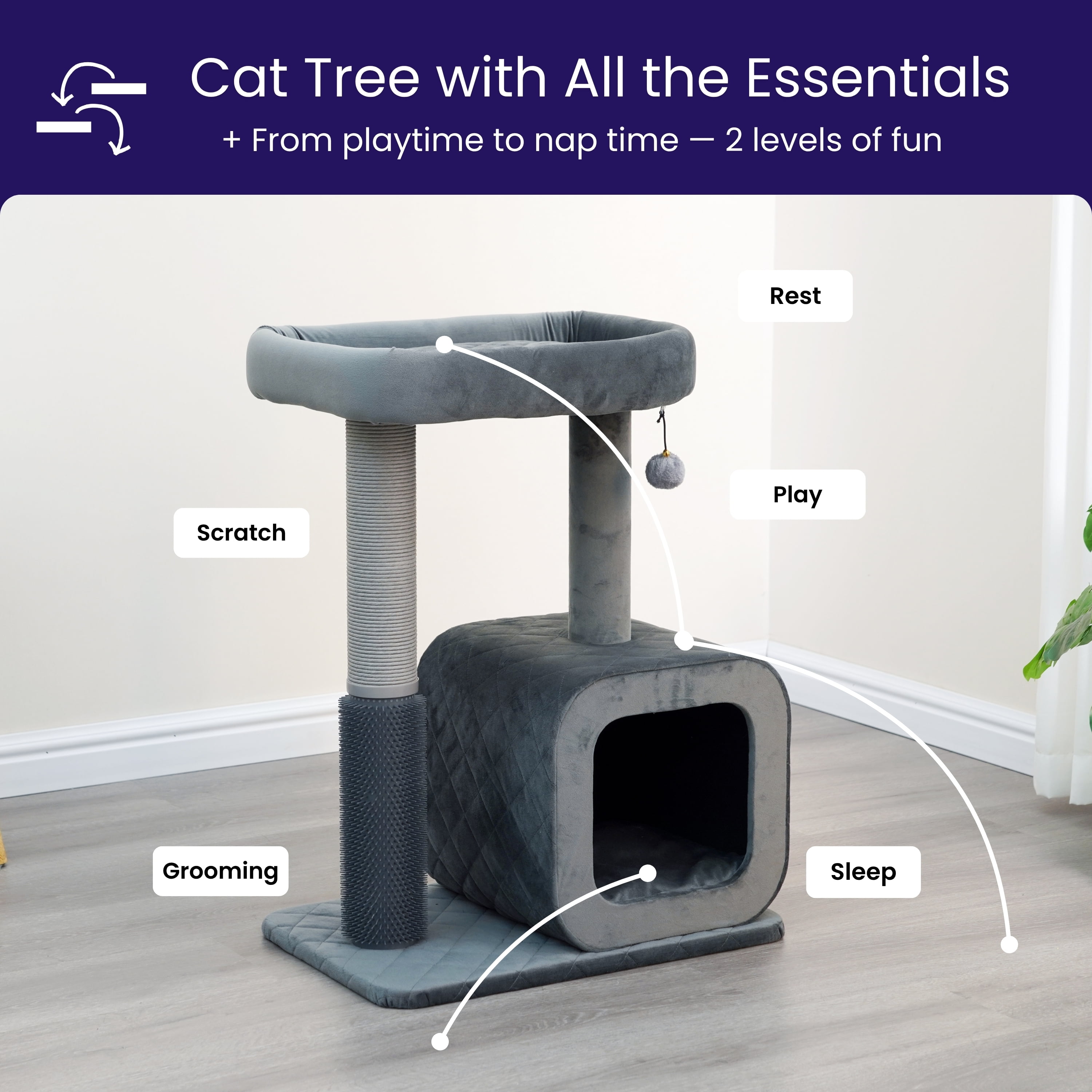 Catry Modern Medium Cat Tree with Large Base Condo, Top Bed, Scratching Post, Self Grooming Brush