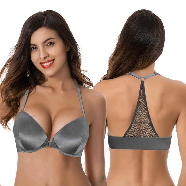 Curve Muse Womens Push Up Add 1 and a half Cup Underwire Halter Front Close  Bras -2PK-GREY,NUDE-34DDD