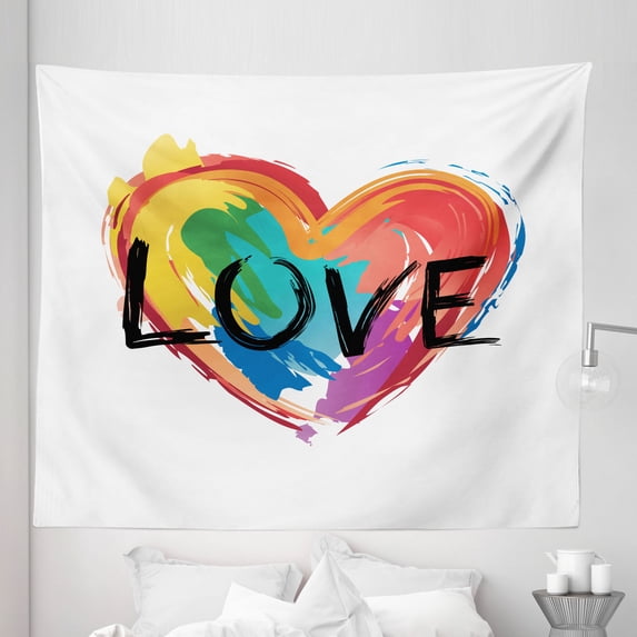 Rainbow Tapestry, Brush Painted Pride Heart LGBT Plain Background, Fabric Wall Hanging Decor for Bedroom Living Room Dorm, 5 Sizes, Multicolor, by Ambesonne
