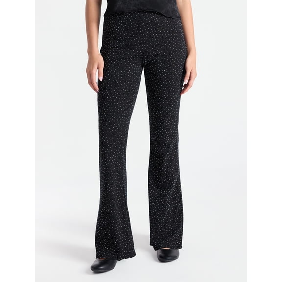 No Boundaries Faux Rhinestone Studded Ribbed Flare Pants, 31'' Inseam, Women's