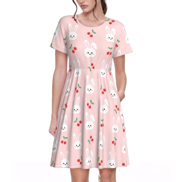 Disketp Rabbit And Cherry para Vestido de Manga Corta para Mujeres, Vestidos de Verano para Mujeres, Casual y Holgado para la Playa