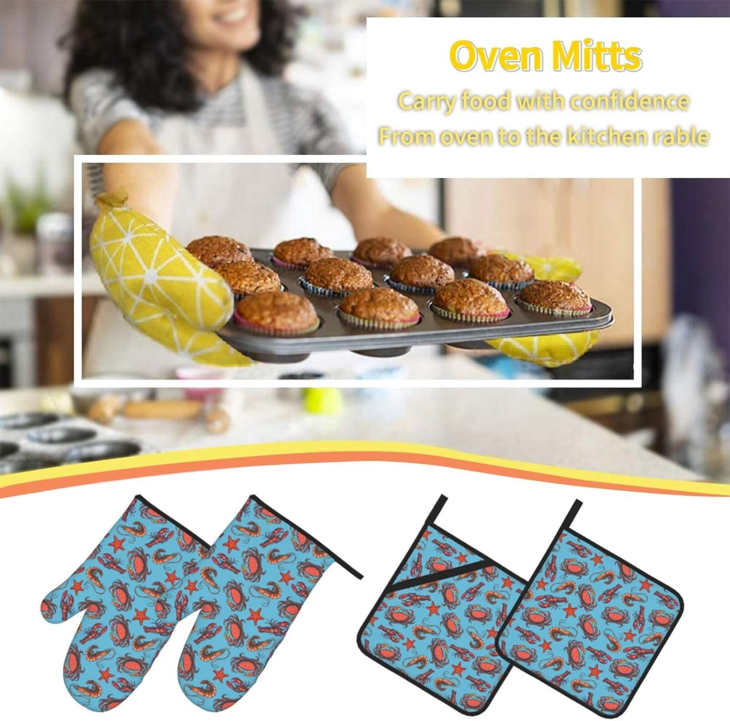 Lobster Crab Claw Oven Mitts Pot Holders Set of 4, Kitchen Gloves Potholders Heat Resistant for Chef Baking Cooking Grilling BBQ