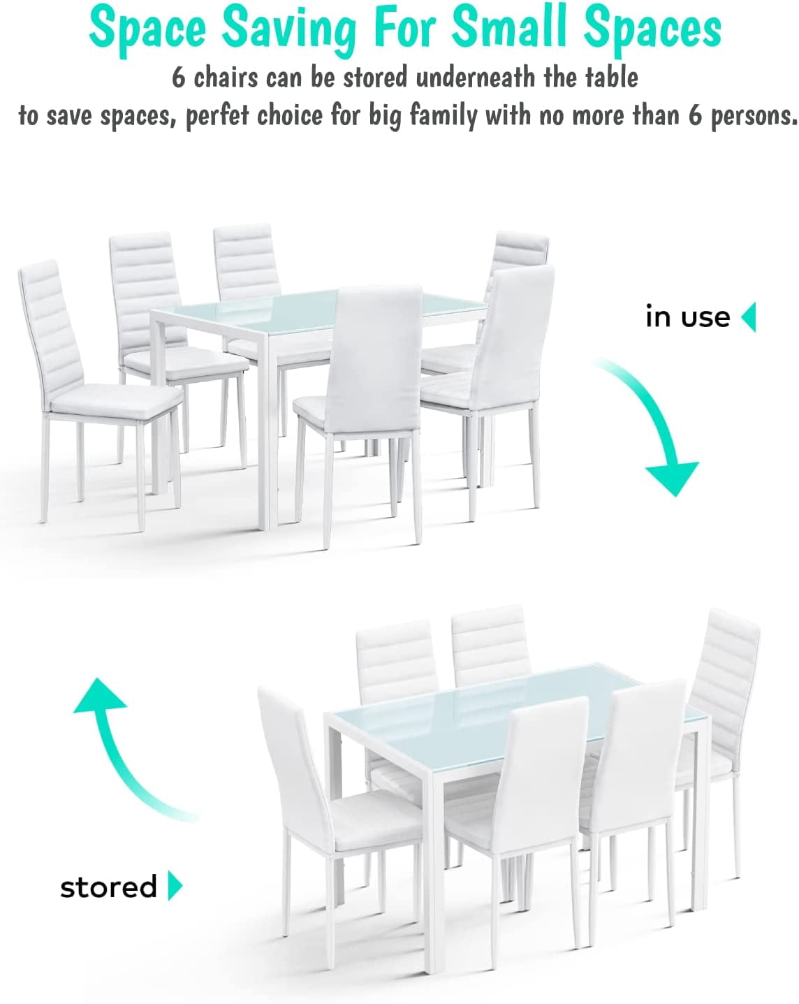 Aiho 6-Seater Modern Dining Table Set with PU Leather Chairs for Kitchen, Small Spaces, White