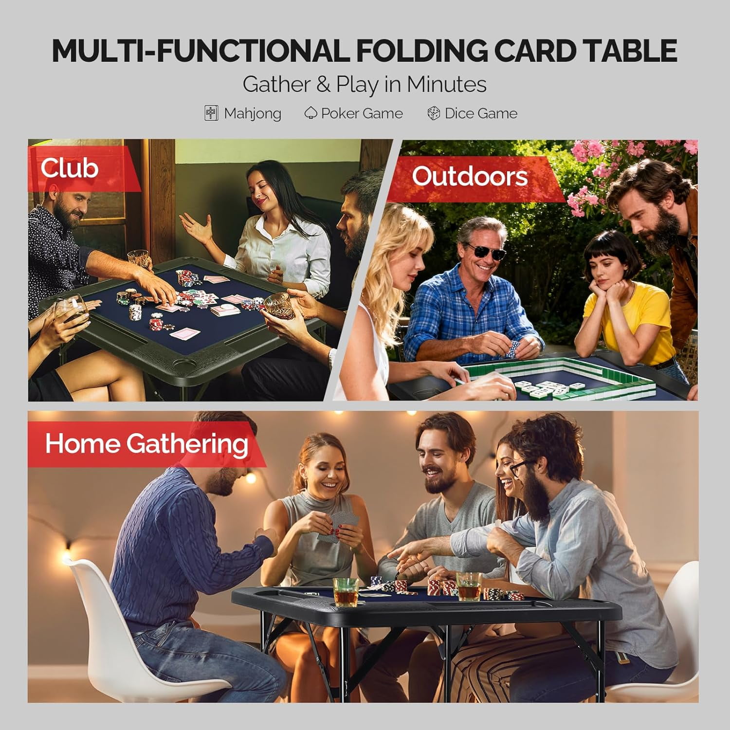 PEXMOR 35" Foldable Mahjong Table, Square 4 Player Card Game Table w/Cup Holders & Chip Grooves, Portable Folding Poker Domino Board Game Table for Blackjack, Texas Hold'em, Jigsaw Puzzles Game