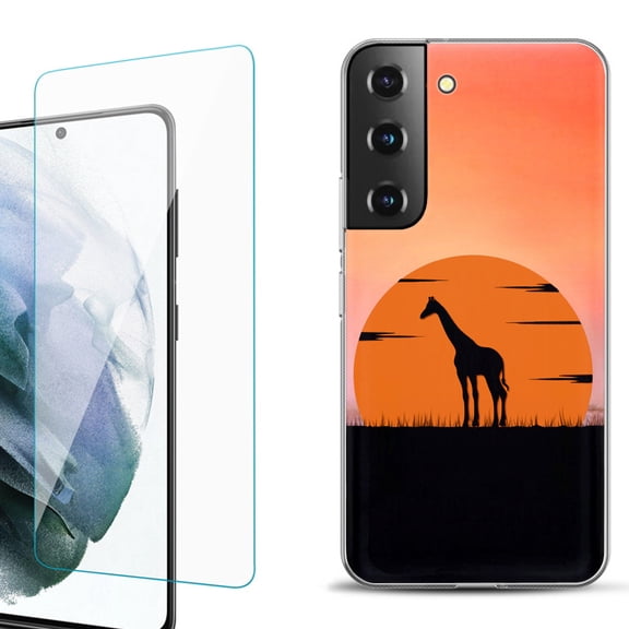 Slim-Fit Fashion Gel Phone Case for Samsung Galaxy S22  5G / S22 Plus 5G, with Tempered Glass Screen Protector, by OneToughShield ® - Sunset Giraffe