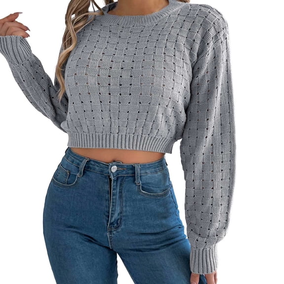 DHFJKG Womens Sweater Cropped Top Knitted Hollow Out Long Sleeve Pullover Crop Sweater Autumn Winter Versatile Jumper Tops