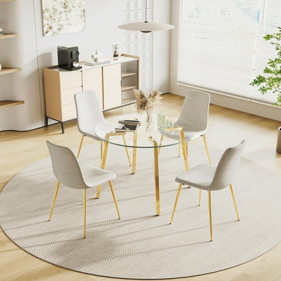 Modern Dining Table Round Tempered Glass Kitchen Table for 4 Person with Metal Legs for Dining Room, Small Apartment