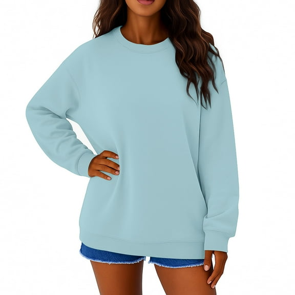 IYYVV Oversized Sweatshirts for Women Crewneck Cotton Long Sleeve Tops Plain Pullover Solid Color Hoodies Y2K Clothes Sky Blue XL