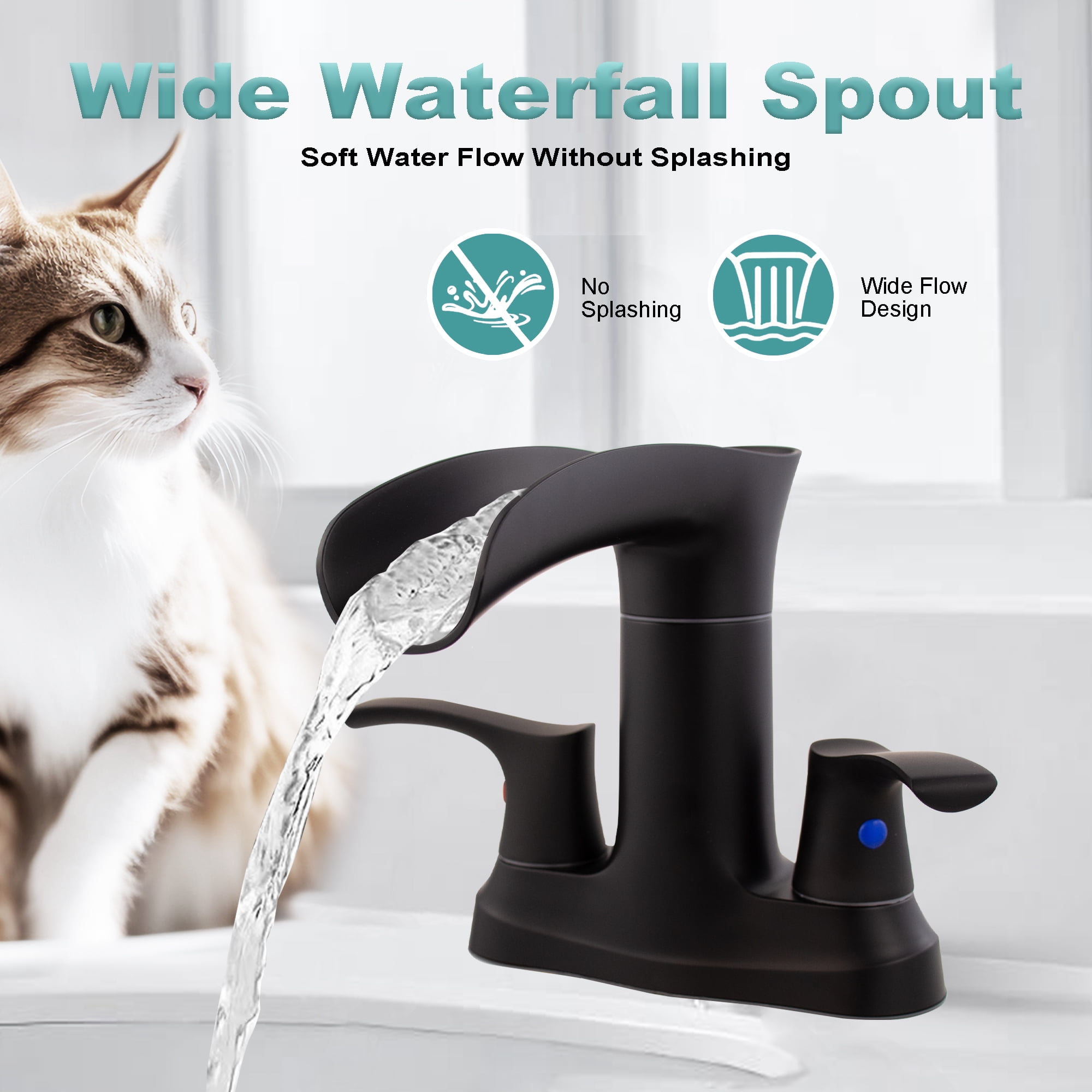 Sunrinx 4'' Centerset Bathroom Faucet 2-Handle Waterfall Faucet with 360° Swivel Spout, Matte Black, Lead-Free Plastic, Pop-Up Drain