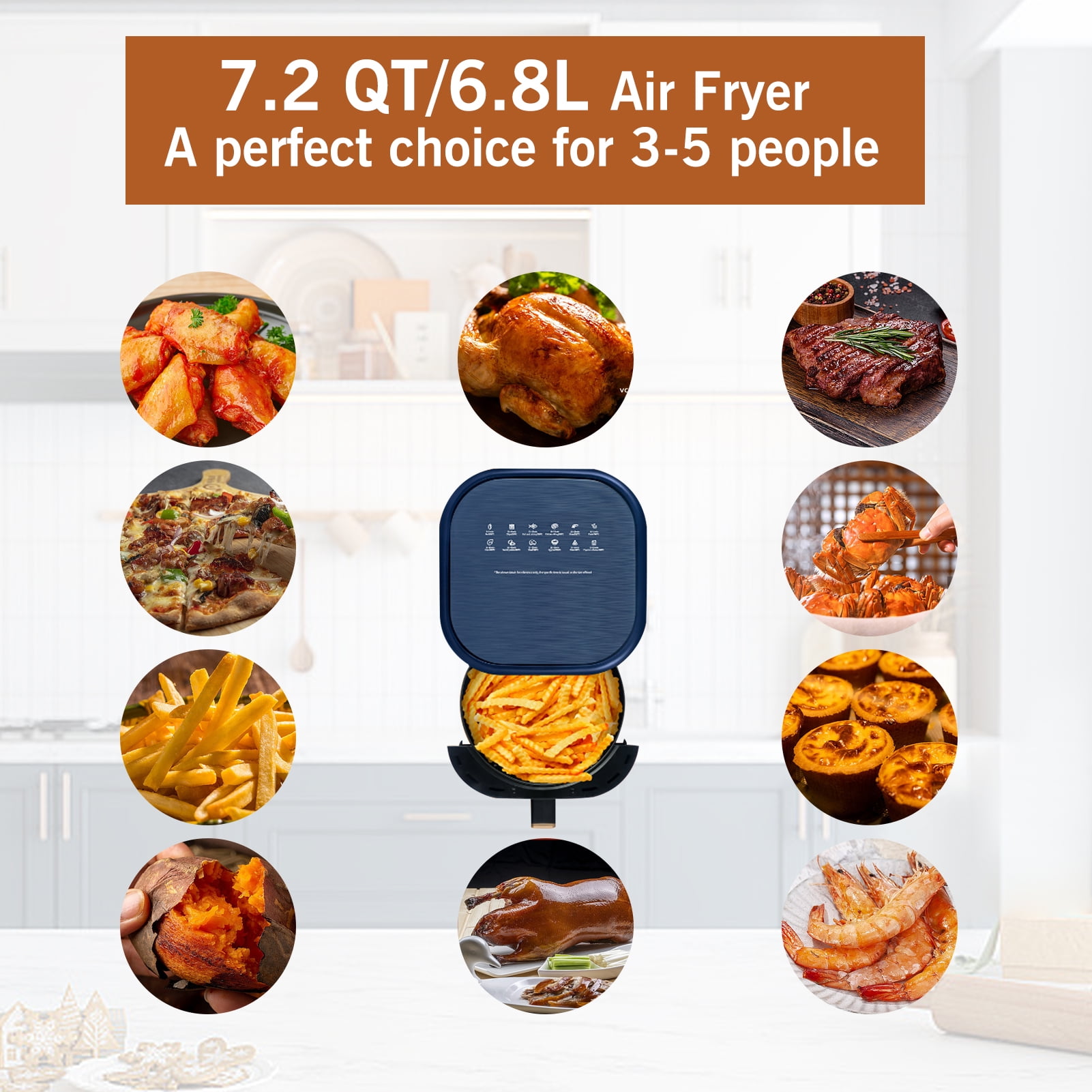 7.2 Quart 2400W Air Fryer Oven 360℃ Circulating Heating Air Frier Cookers, Air Fryer, Bake, Press, Grill