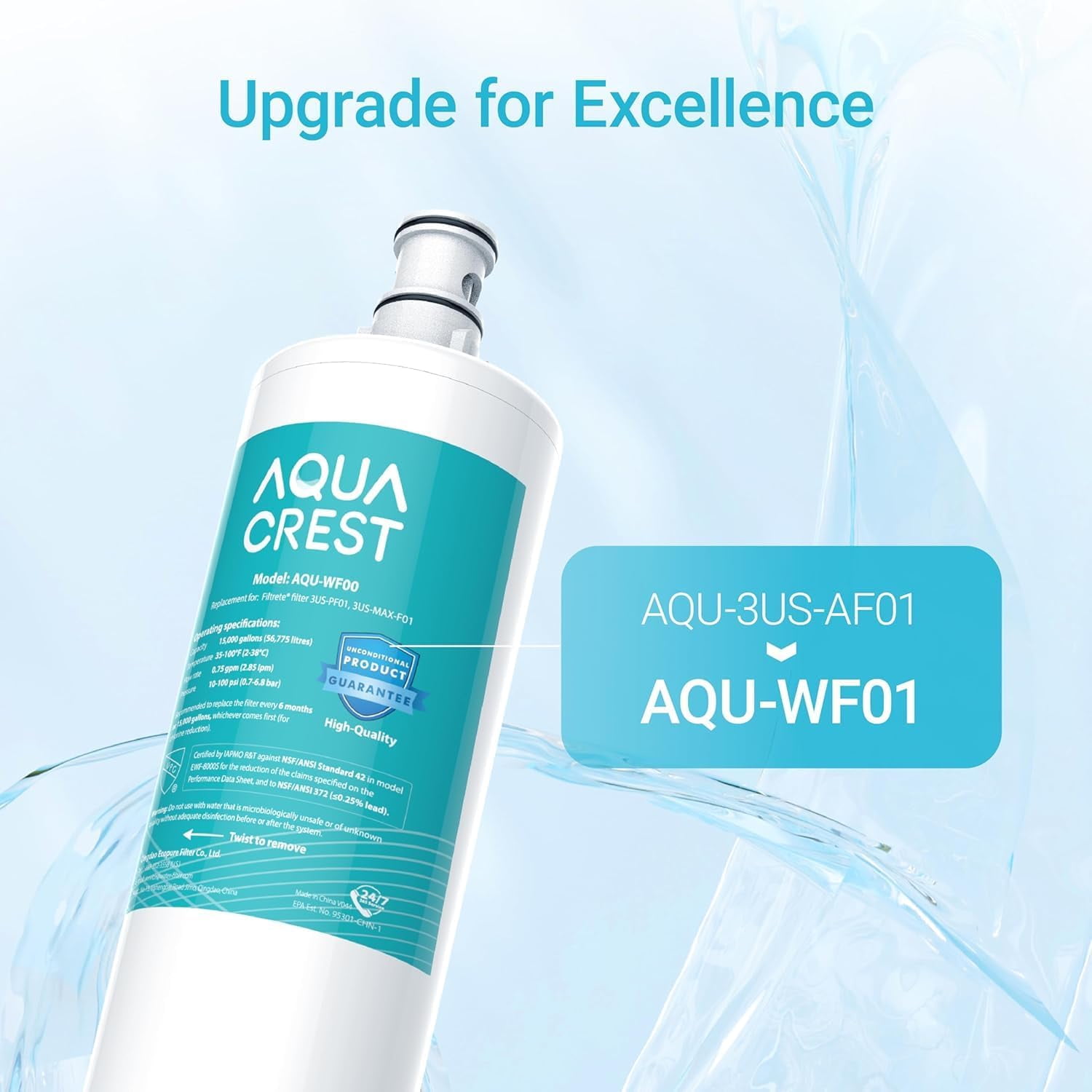AQUA CREST 3US-AF01 Under Sink Water Filter, Replacement for Standard 3US-AF01, 3US-AS01, Aqua-Pure AP Easy C-CS-FF, WHCF-SRC, WHCF-SUFC, WHCF-SUF Water Filter, NSF/ANSI 42 Certified (Pack of 6)