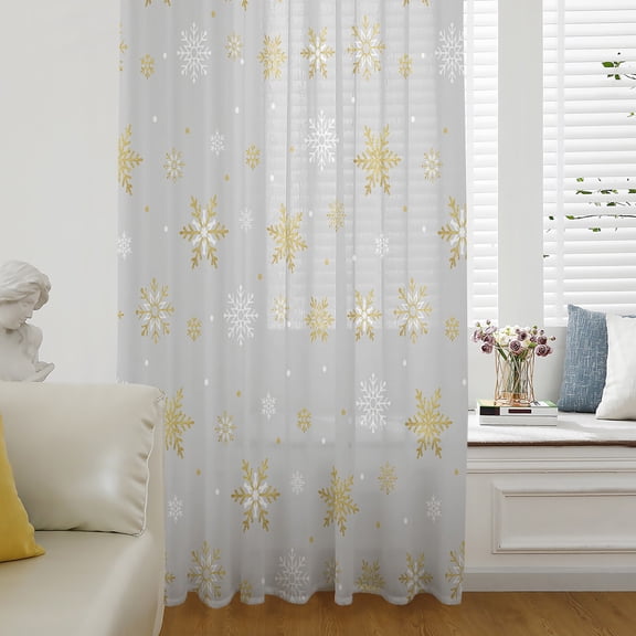 Grey Christmas Snowflake Semi Sheer Curtains Drapes for Living Room,Bedroom,French Doors Window 72 Inches Long,Yellow White Xmas Winter Snowflake Rod Pocket Chiffon Curtain Drapery Voile Drape Panel