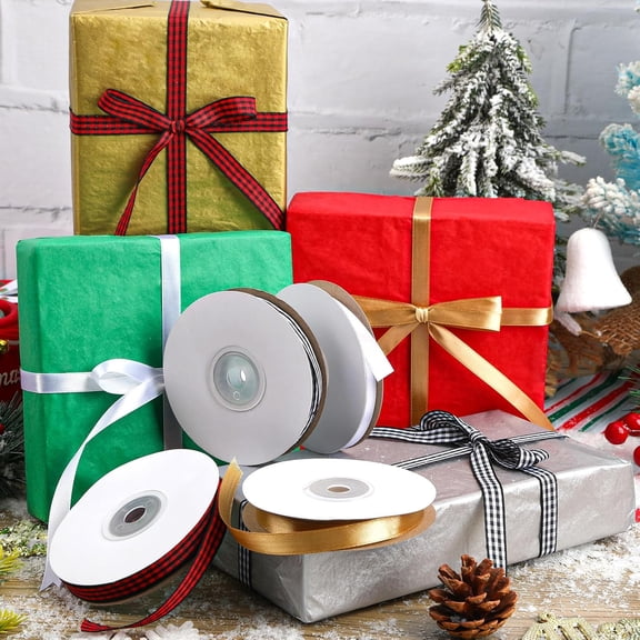 4 Rolls 100 Yards Christmas Ribbons Metallic Glitter Fabric Holiday Festival Satin Ribbons 10mm Wide for Gift Wrapping Decoration