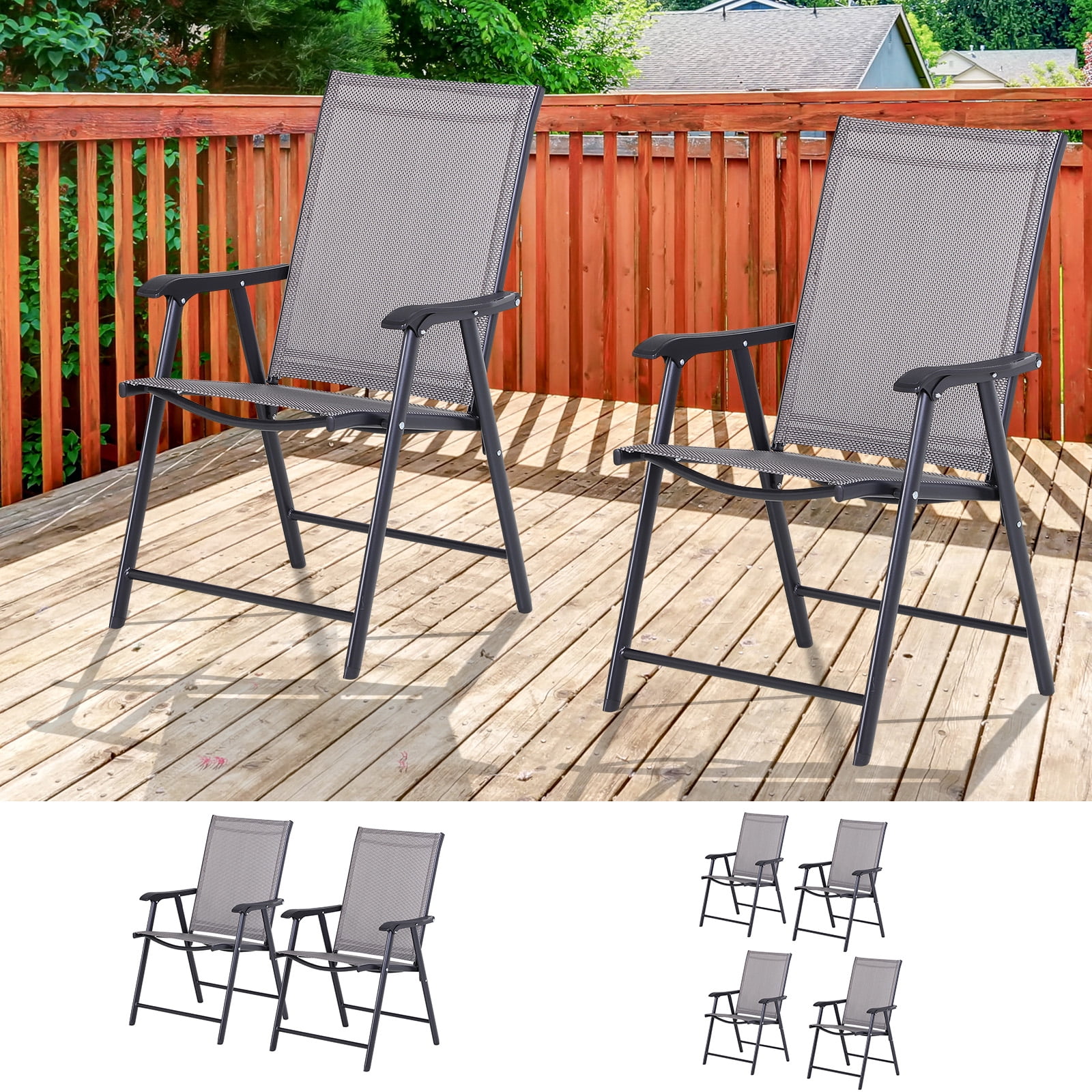 Set of 2 Patio Folding Chairs, Stackable Outdoor Sling Patio Dining Chairs with Armrests for Lawn, Camping, Dining, Beach, Metal Frame, No Assembly, Gray