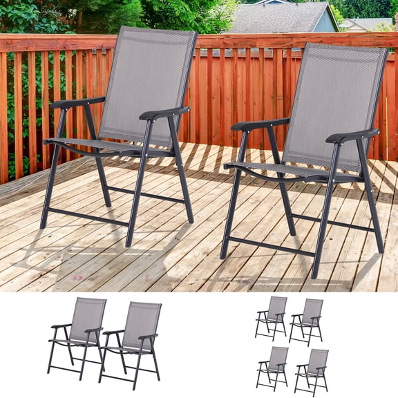 Outsunny 2-Pack Gray Sling Patio Folding Chairs - Stackable Outdoor Metal Dining Chairs w/ Armrests for Lawn, Camping, Beach - No Assembly, 22.75"W x 25.25"D x 37"H, 230lb Cap