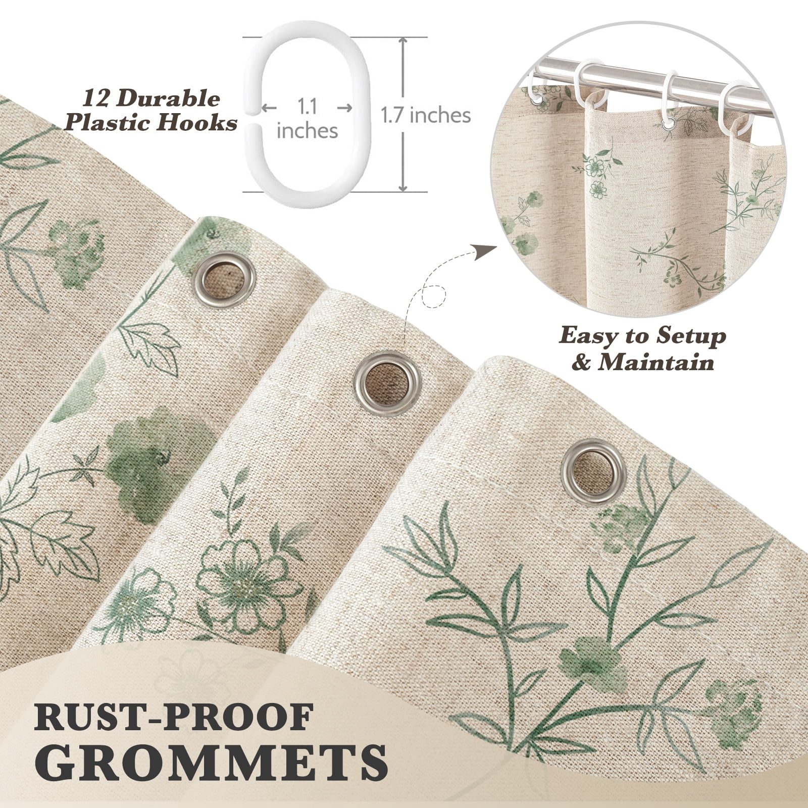 Seasonwood Floral Shower Curtain,French Country Fabric Shower Curtain for Bathroom Decor,12 Hooks,Green,72"x72"
