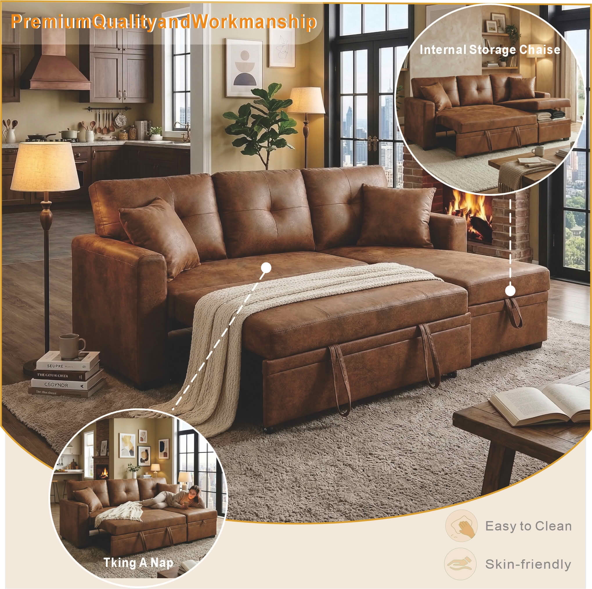 MAYEERTY 71" Breathable Fabric Sleeper Sectional Sofa, L-Shaped Convertible Pull-Out Sofa Bed with Reversible Chaise & Hidden Storage, Multi-Functional