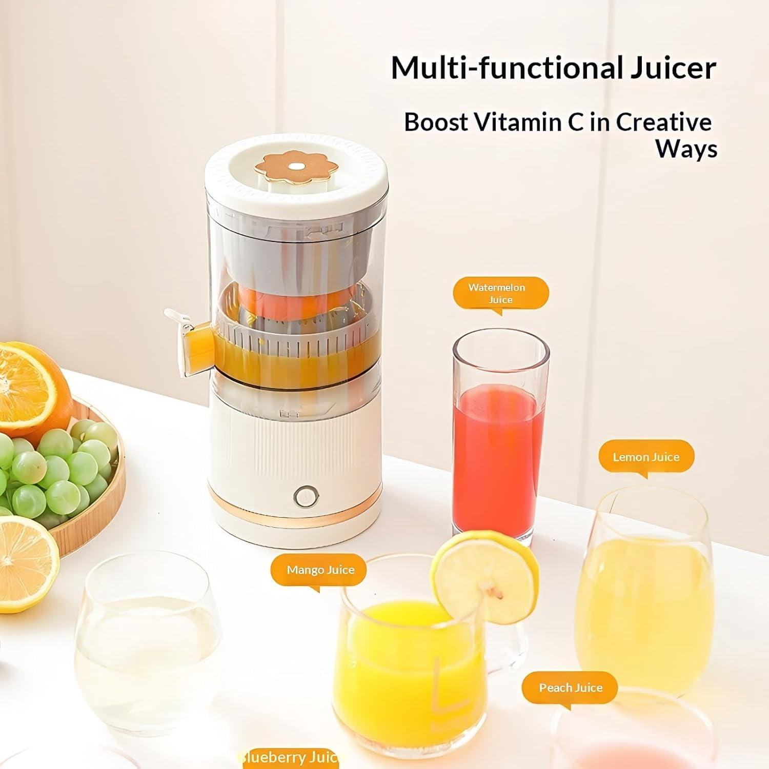 Wireless Electric Juicers, Fruit Press Machine with Juicing Head for Oranges Lemons KiwiFruit ,One-touch Operation Blade-free Design Easy to Clean Rechargeable for Kitchen Camping Travel (White)