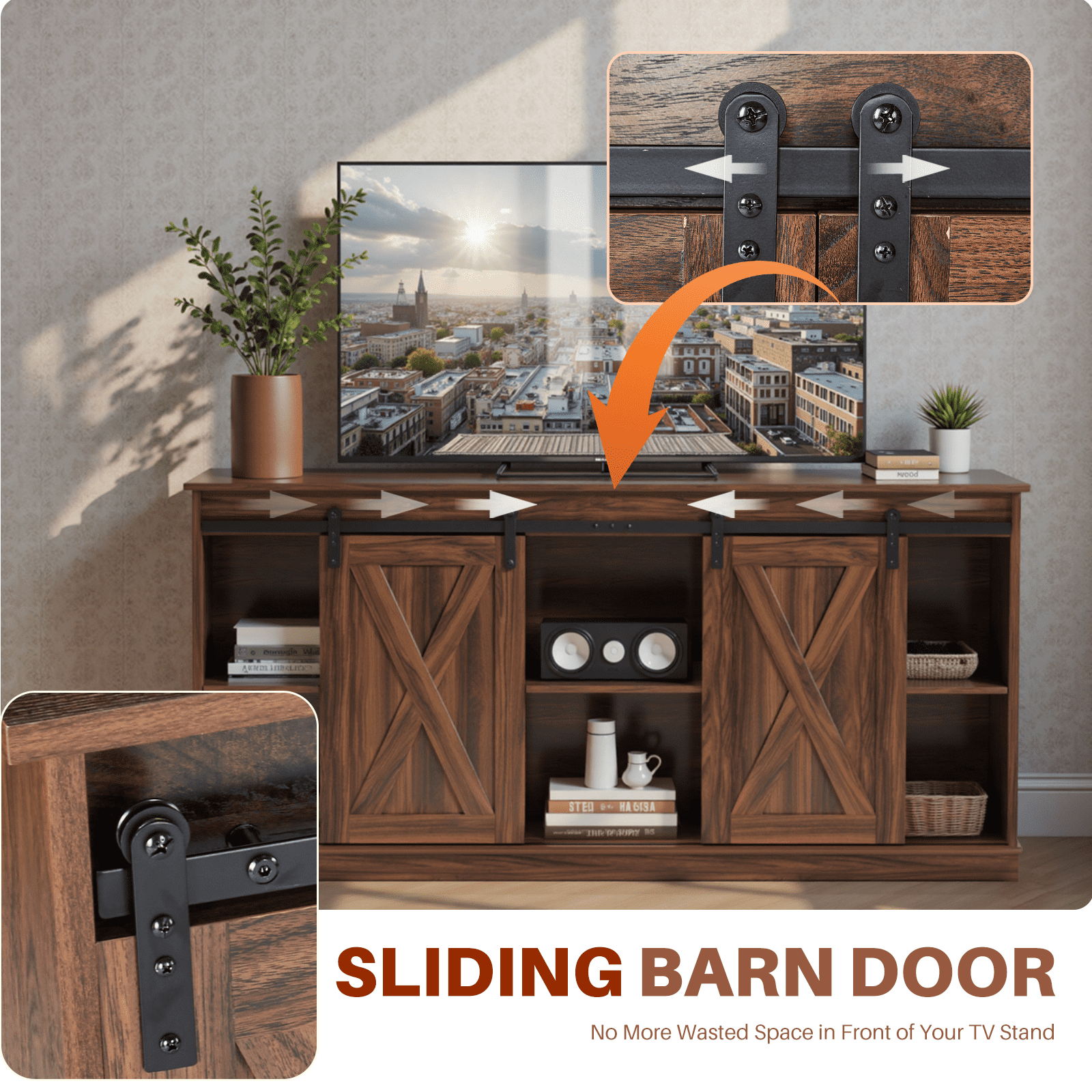 Aukfa TV Stand for TVs up to 65", Entertainment Center with Storage Cabinets and Sliding Barn Doors, for Living Room Bedroom,Walnut