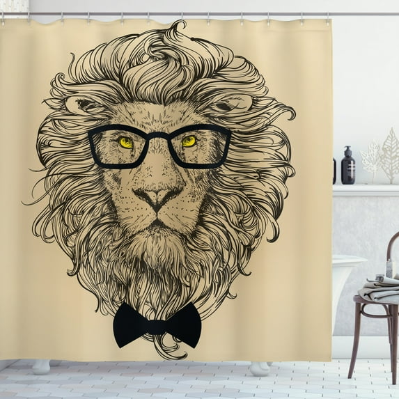 Ambesonne Indie Shower Curtain, Dandy Cool Lion Character, 69"Wx70"L, Sand Brown Black Yellow