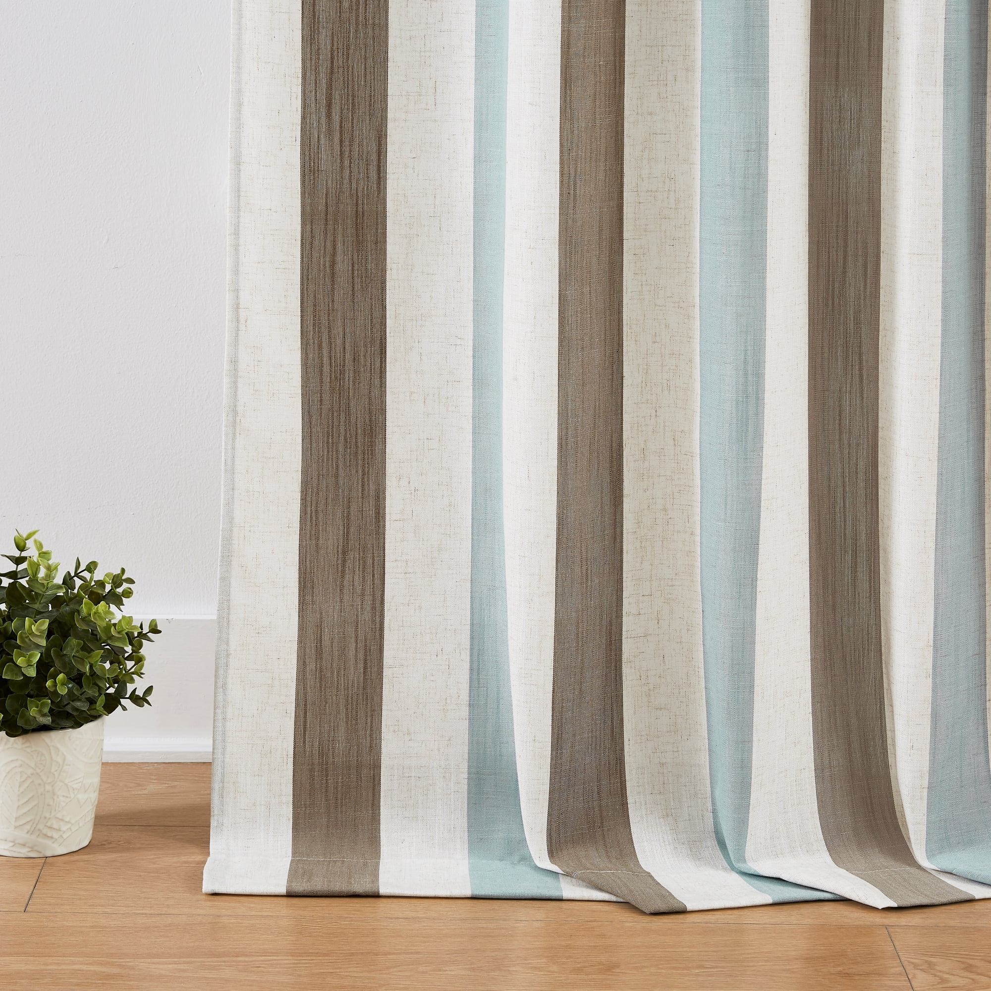 Flowpartex Linen Textured Stripe Curtains Brown and Aqua Farmhouse Striped Curtains Light Filtering Window Drapes for Bedroom Living Room,Rod Pocket Back Tab 40"X90"2 Panels
