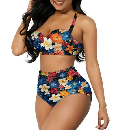 Yuyamidu Hibiscus Flowers Bikini Sets for Women Tummy Control High Waist Swimsuit Size 2XL Lightweight Halter Top with Bottom Bathing Suit for Swimming Surfing