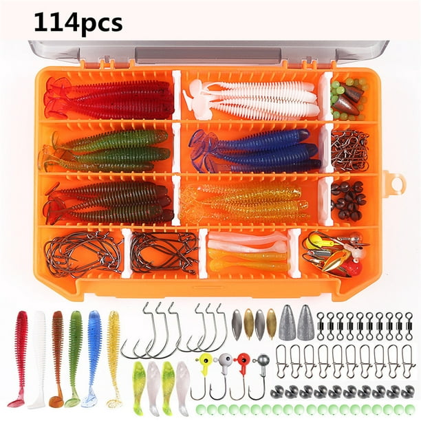 114 Pcs/set Fishing Accessories Threaded T-tail Roll Tail Crank Hook  Fishing Gear Kits