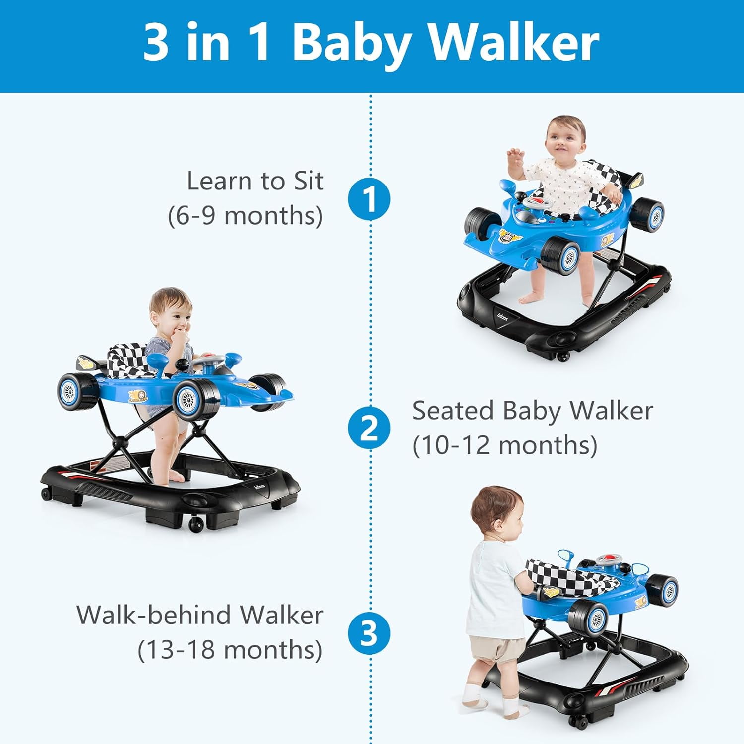 INFANS Foldable Baby Walker, Toddler Activity Center Leaning-Seated Walk-Behind with Steering Wheel, Adjustable Height, Lights, Music, Washable Seat Cushion (Blue)