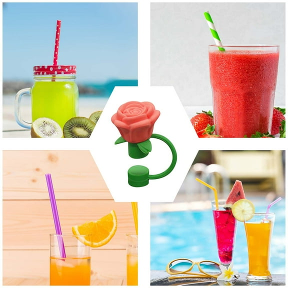 Linnome Rose Shaped Straw Toppers Flower Design for Valentine's Day Party Drinks Festive Beverage Accessory