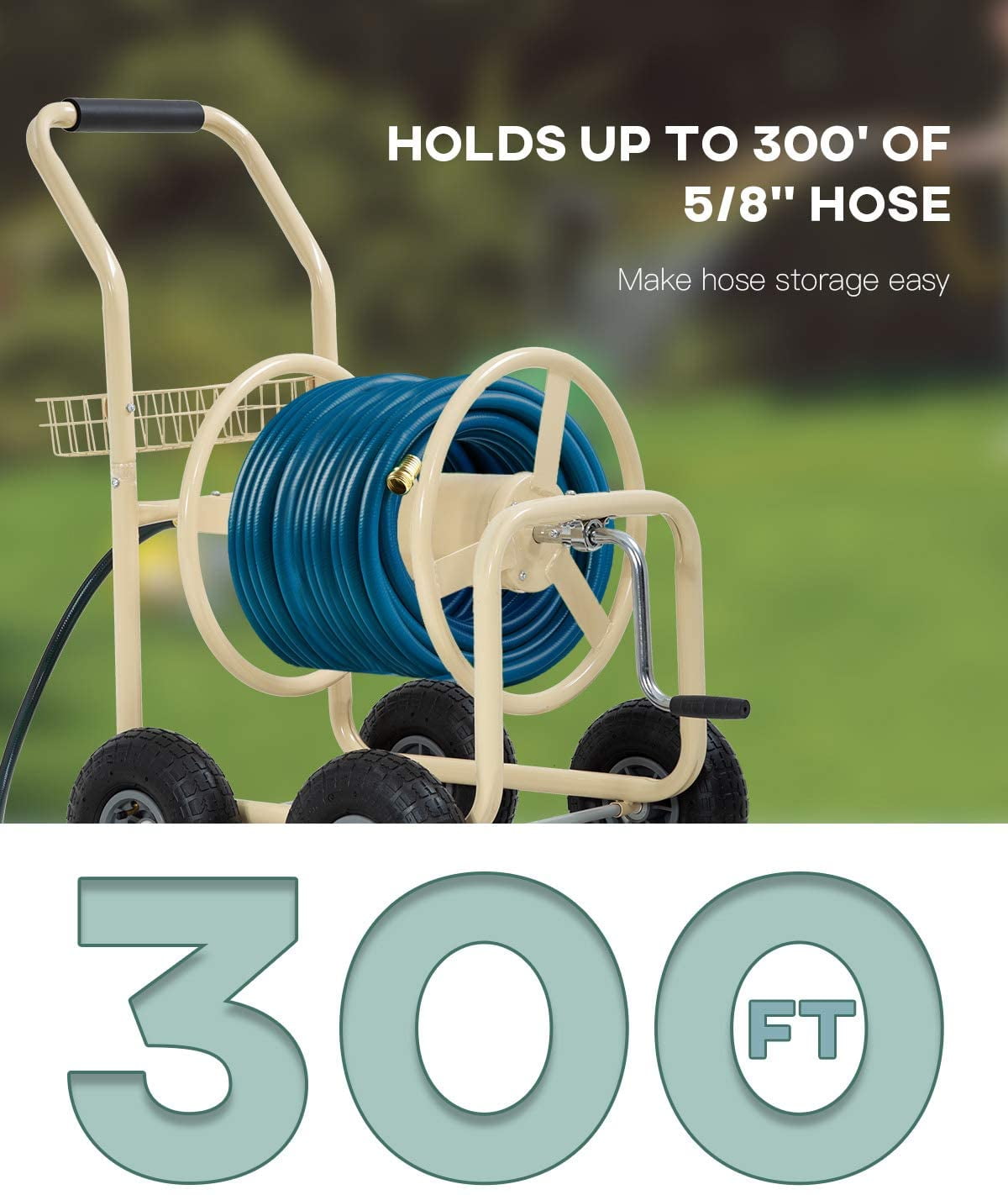 FDW Garden Hose Reel Cart, Water Hose Cart with 4 Wheels, Hold Up to 300 ft of 5/8’’ Hose,Tan