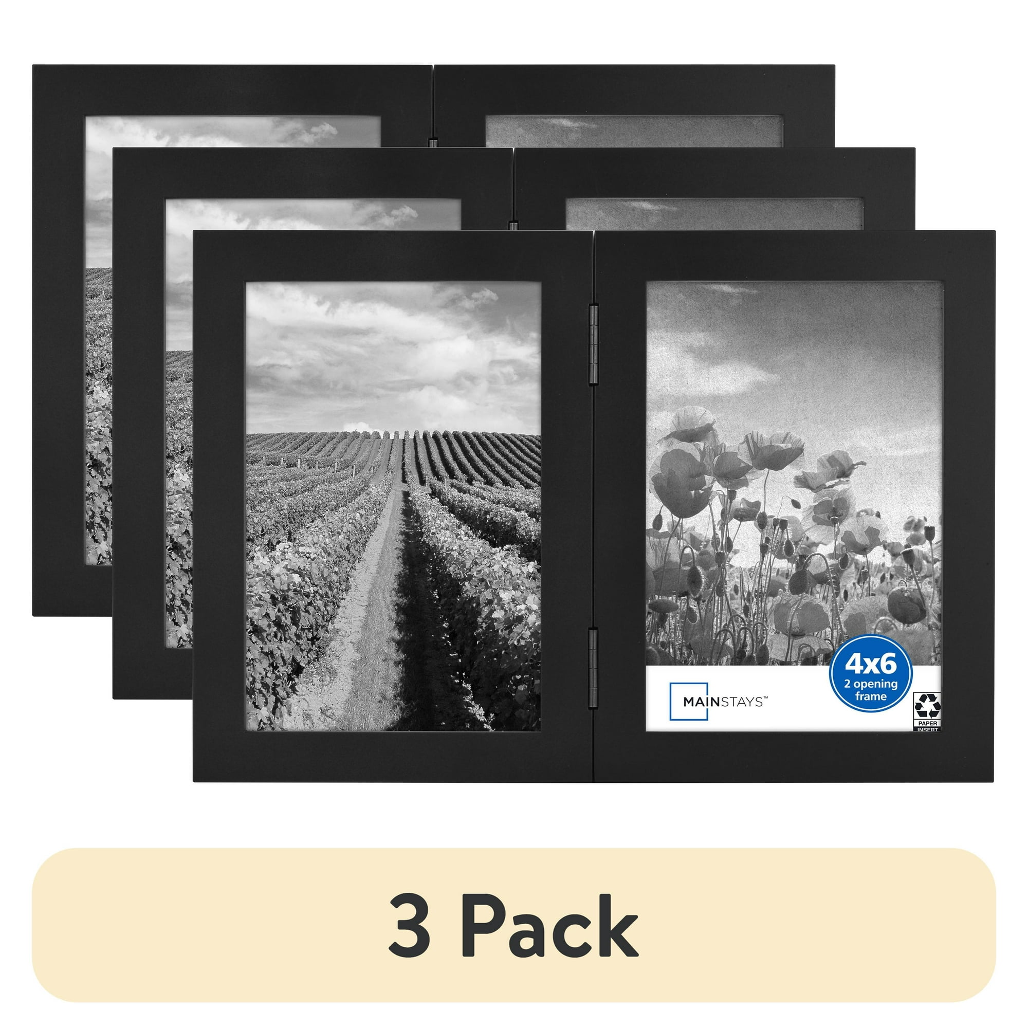 (3 pack) Mainstays Hinged Folding 2-Opening Tabletop Picture Frame, Holds Two 4 x 6 Photos, Black