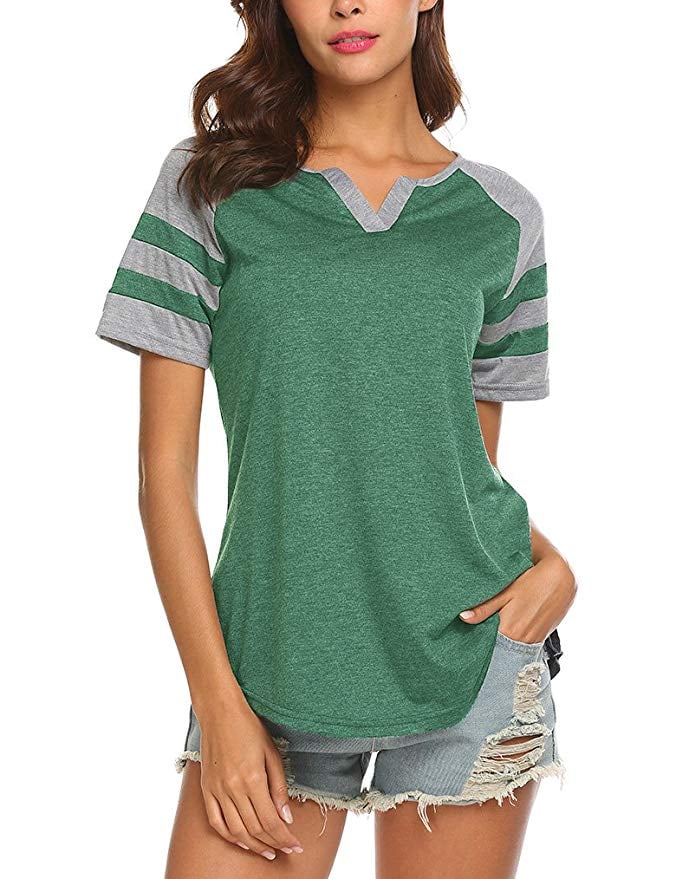 Women's V Neck Raglan Short Sleeve Shirts Casual Blouses Baseball Tshirts Top