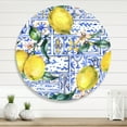 thumbnail image 2 of Designart 'Geometrical Pattern of Lemon Ornament On Blue I' Tropical Circle Metal Wall Art 11x11 - Disc of 11, 2 of 5