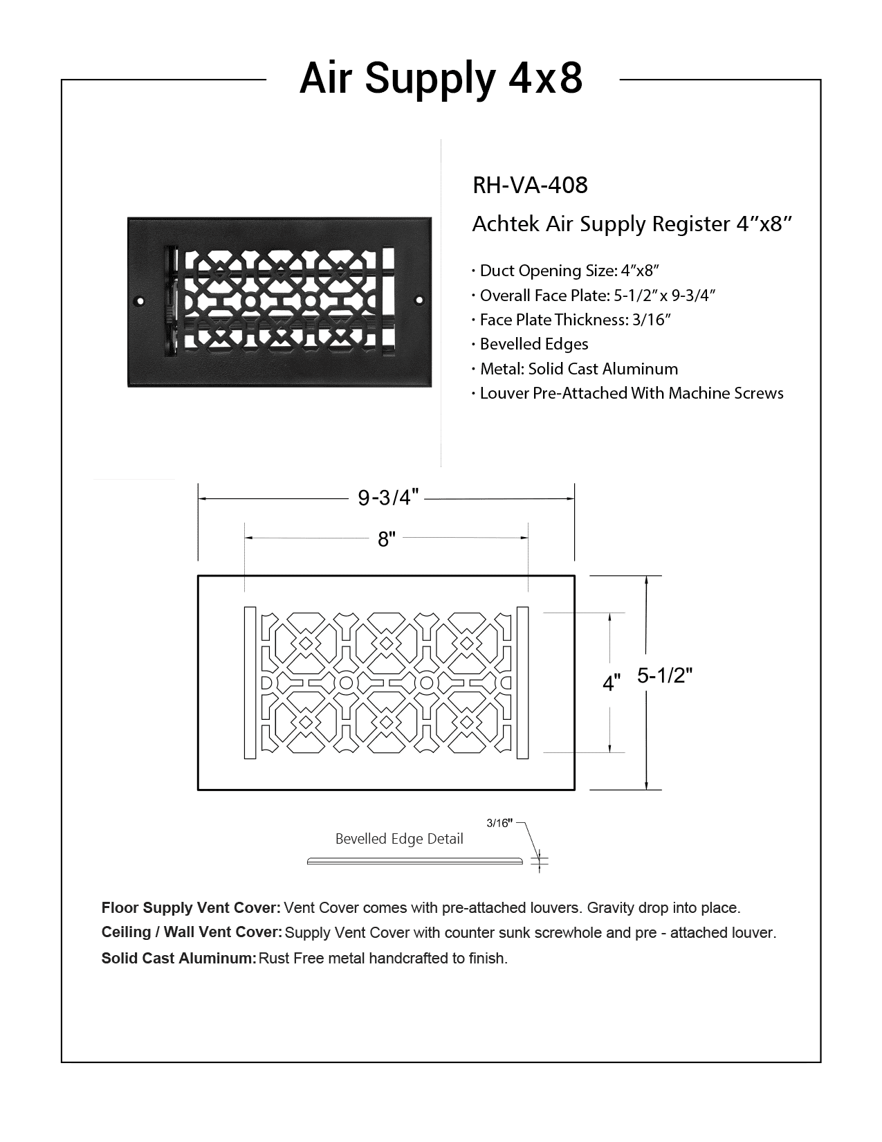 Achtek Air Supply Vent 4"x 8" Duct Opening (Overall 5-1/2"x 9-3/4") Solid Cast Aluminium Register Cover | Powder Coated