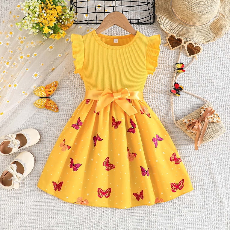 toddler flowy dress Rmgvdsd Toddler Girls Dresses Flying Sleeve Summer Dress With Butterfly Print Flowy Dress Kids A-Line Sundress Cute School Dresses 3-4 Years, Girl's,
