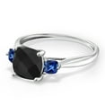 thumbnail image 3 of Gem Stone King 10K White Gold Black Onyx and Blue Created Sapphire 3 Stone Engagement Ring for Women (1.73 Cttw, Cushion Checkerboard 7MM, Gemstone December Birthstone, Size 7), 3 of 5