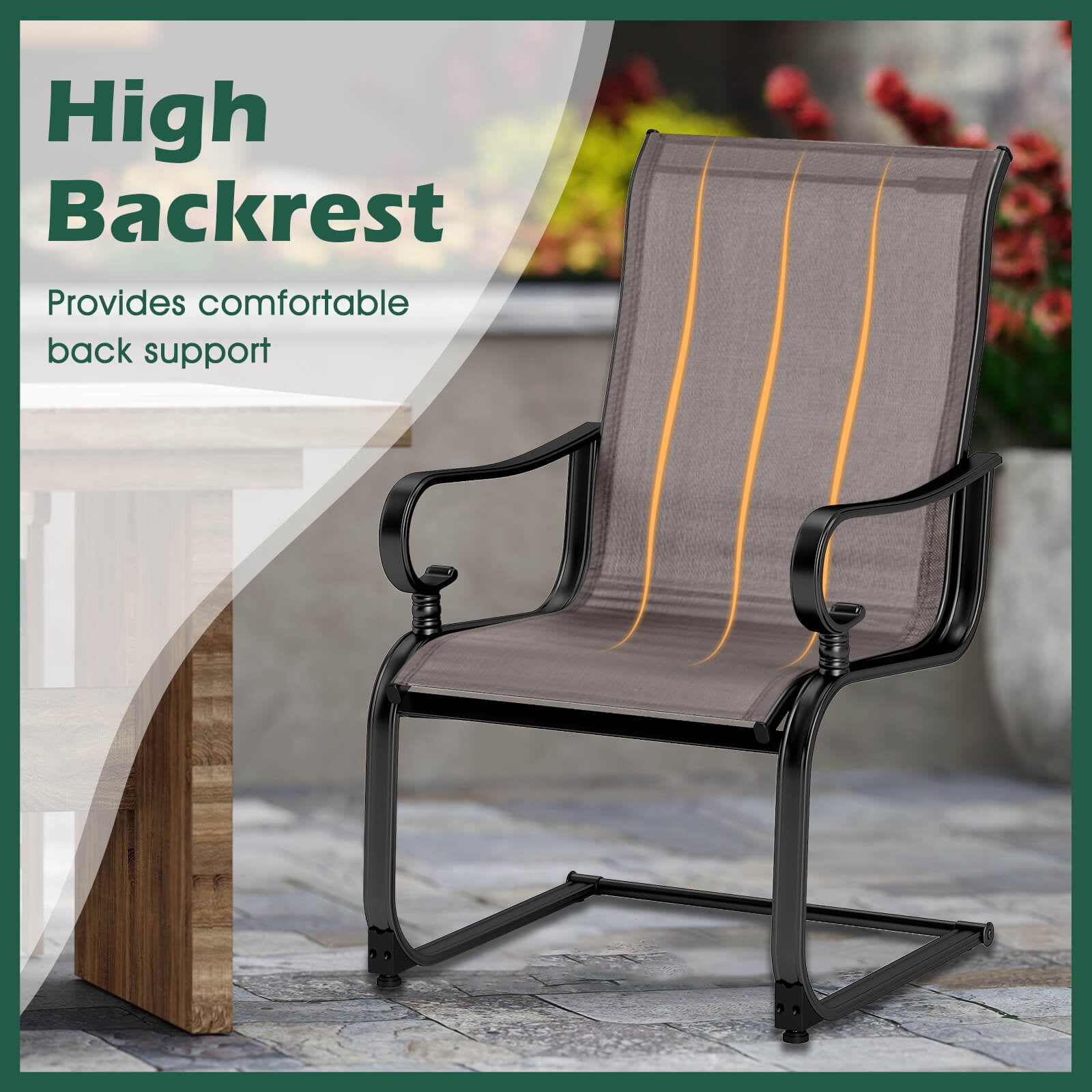 Costway Set of 2 Patio Chairs C-Spring Motion Chairs with Quick-drying & Breathable Fabric Gray