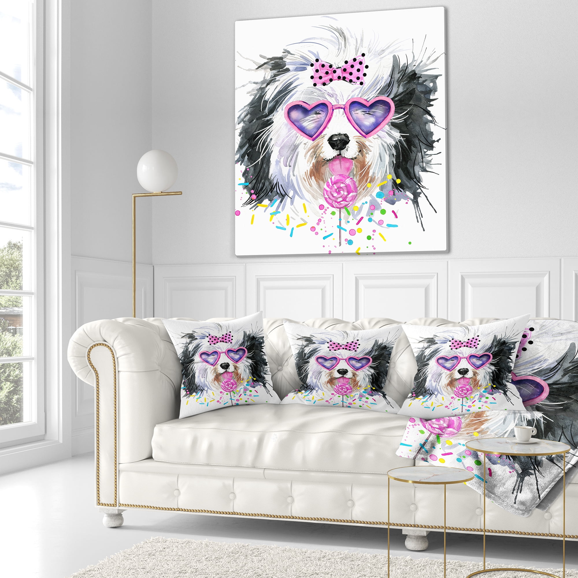 Designart Lovely Dog with Pink Heart Glasses - Contemporary Animal Throw Pillow - 18x18