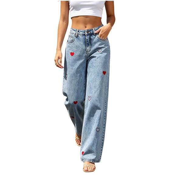 TEAJOPSUU Heart Embroidered Wide Leg Jeans for Women High Waist Button Fly Denim Palazzo Pants with Pockets Casual Wear Light Blue