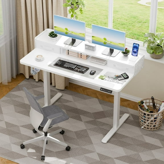 Homall 47" Adjustable Height Ergonomic Comfort and Stability Electric Sit Stand Desk,Desk with Drawers for Home Office, White