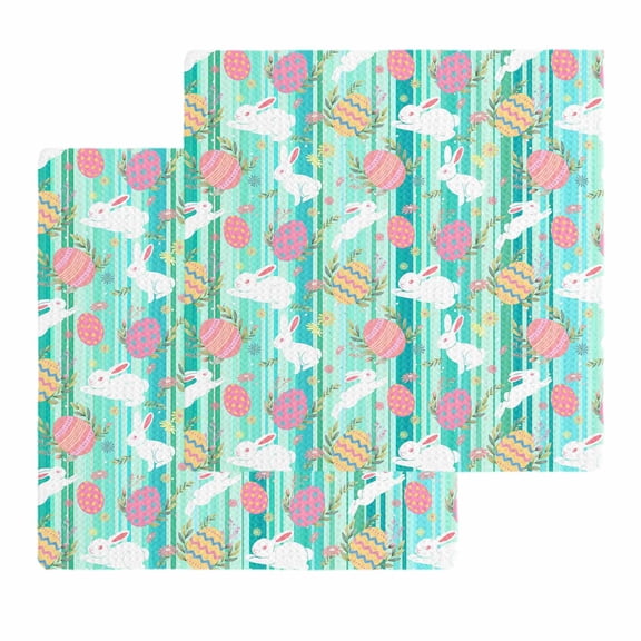 Easter Bunny Eggs Kitchen Dish Towels for Drying Dishes Set of 2, Spring Leaves Daisy Flowers Green Stripes Waffle Weave Microfiber Hand Tea Bathroom Towels Quick Dry & Absorbent Towel 12x12