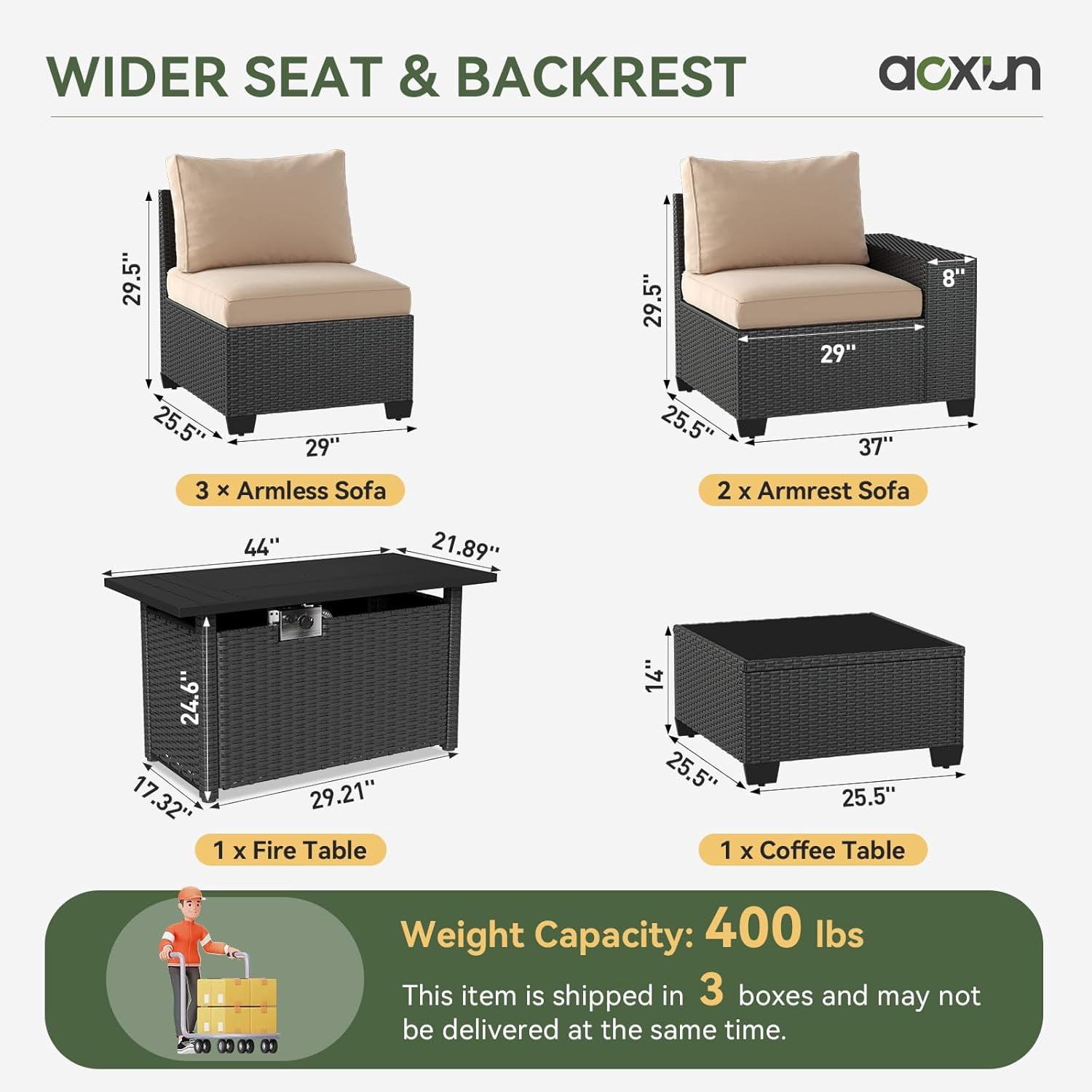 Aoxun 7 Pcs Outdoor Patio Furniture Sets with with 44'' Fire Table, Widen Armrests Wicker Outdoor Sectional for Backyard (Waterproof Cover Include)