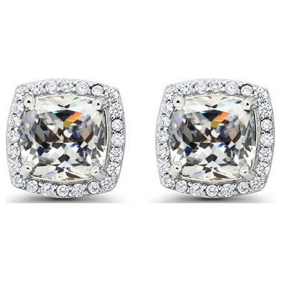 Paris Jewelry 18k White Gold 2 Ct Created Halo Princess Cut White Sapphire Stud Earrings Plated