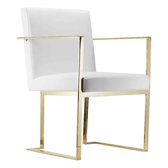 Benjara Boly 22" Dining Side Armchair- White Faux Leather- Gold Steel Frame