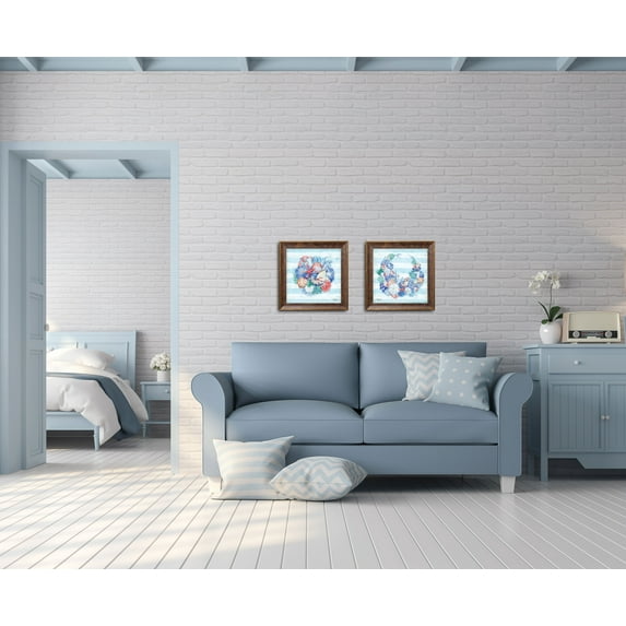 Gango Home Decor Coastal Distressed Blue, Green & Orange Striped Beach Decor | Starfish, Sand Dollar & Shell; Two 12x12in Art Prints in Gold Trim Brown Frames