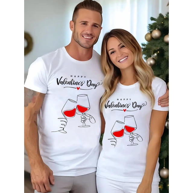 His & Hers Valentine's Day Cotton Tees - Casual Black Matching Shirts with Wine Glasses Design, Machine Washable, Perfect for Couples, Valentine's Day T-Shirts Tee For Adult, Men, Women, Teen, Teenag